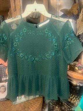 Zara Teal Green Embroidered Peplum Blouse